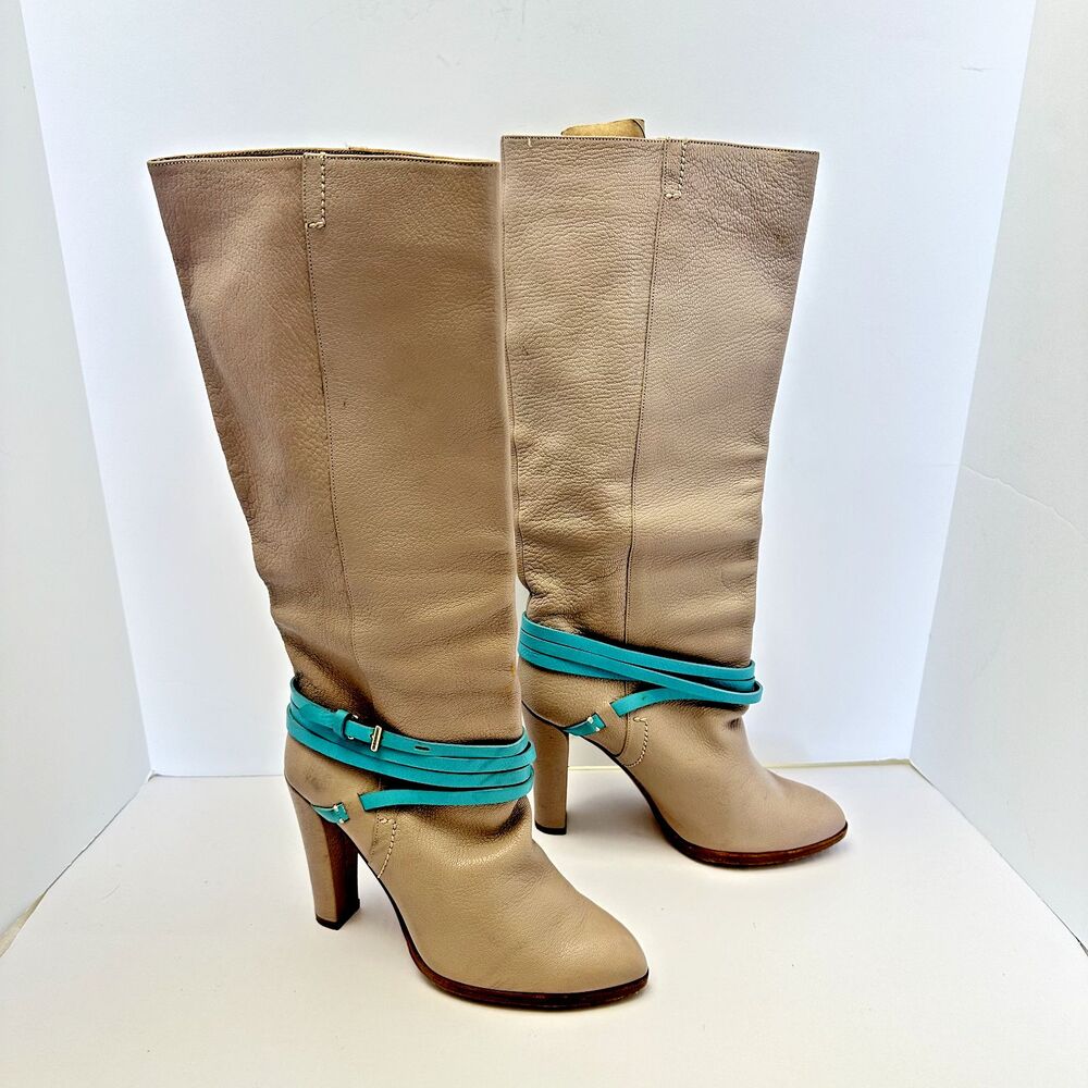 Reed Krakoff Beige Leather Boots with Turquoise Accents